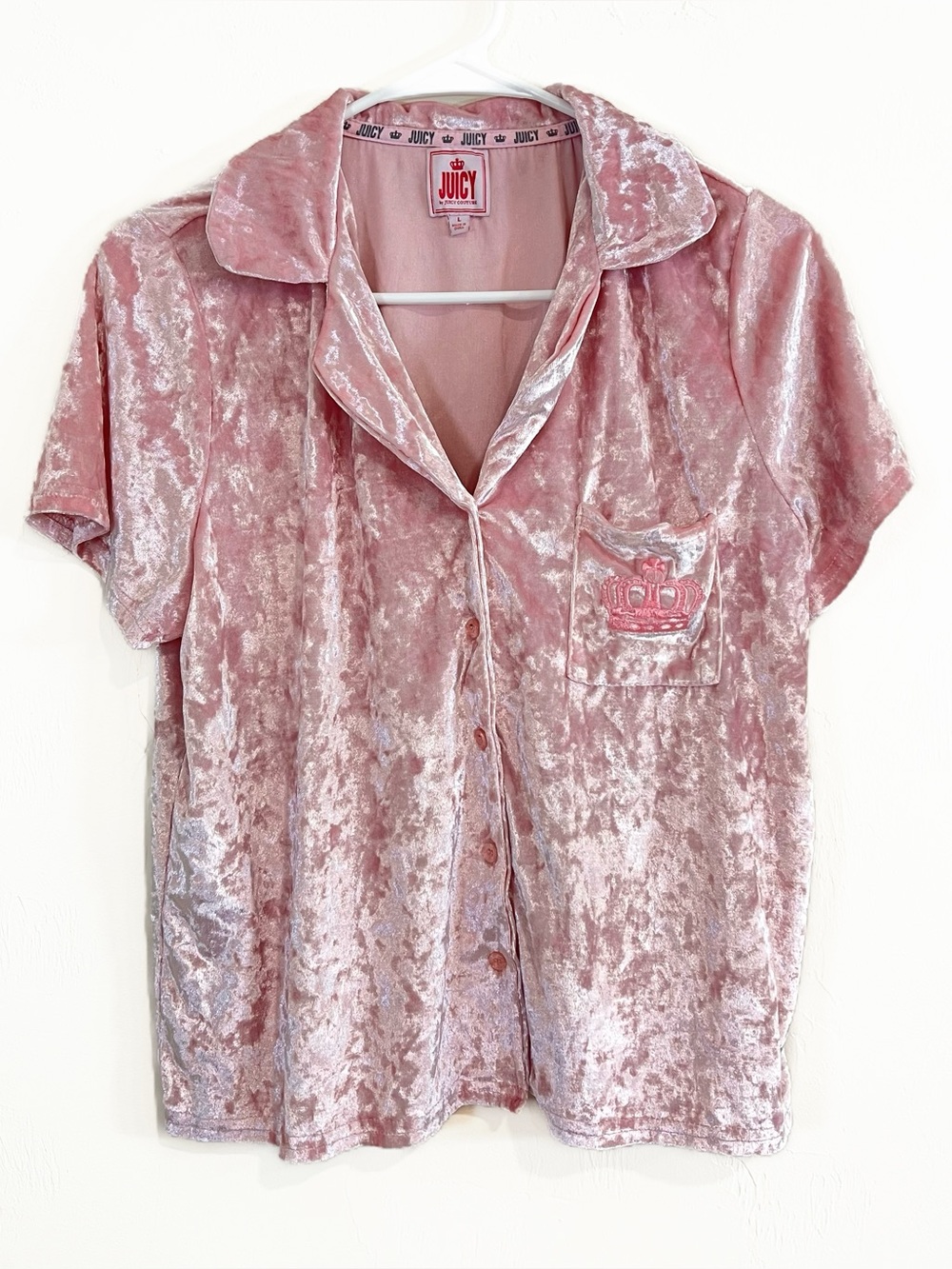 Juicy Couture Crushed Velvet Button Up Sleep Pajama Top Pink Size Large